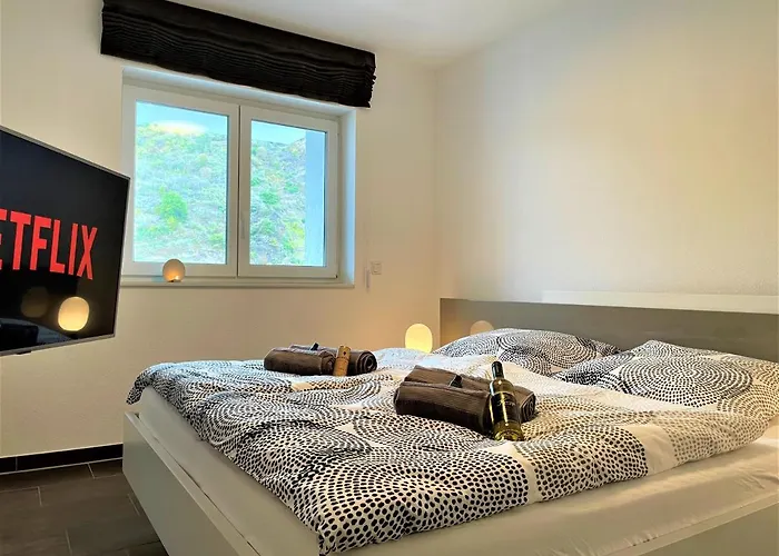 Moselpromenade Moselufer, Panorama Blick Auf Burg , Und Mosel, Balkon